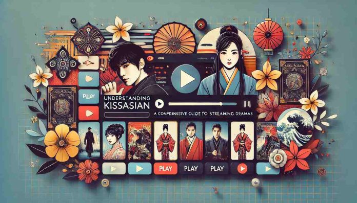 A modern featured image showcasing an online streaming platform interface with thumbnails of popular Asian dramas. The image has a play button and vibrant design elements, incorporating subtle Asian cultural motifs like a paper fan and lantern. The background blends dark and light colors, with the article title 