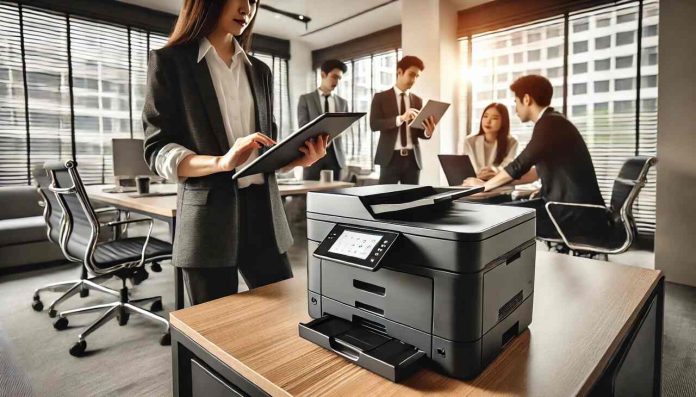 A professional using a laser printer in a modern small office in Singapore.