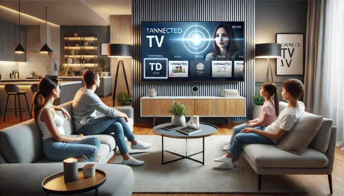 Smart TV displaying a targeted ad in a modern living room with an engaged family.