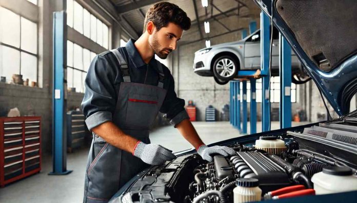 A skilled mechanic inspecting a car engine in a professional auto repair shop, ensuring reliable service.