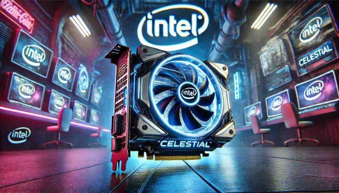 Intel 'Celestial' GPU glowing in a futuristic gaming setup.