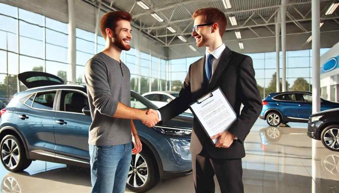 Happy car buyer shaking hands with a salesperson in a car showroom, finalizing a new car purchase.