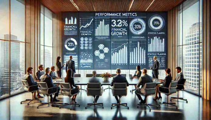 Executives analyzing company performance metrics on a digital dashboard in a corporate meeting.