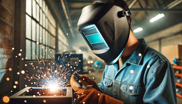 A welder wearing a protective welding helmet with sparks flying.