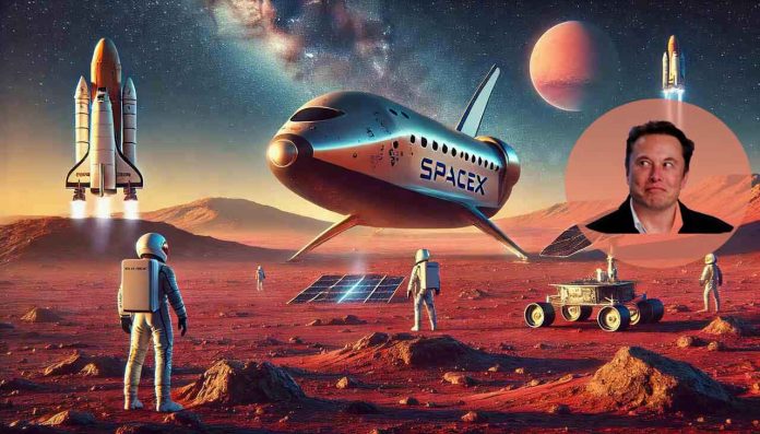 SpaceX Starship on Mars with astronauts exploring the red planet.