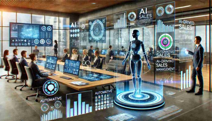 AI-driven sales dashboard with predictive analytics and automation tools in a futuristic office setting.