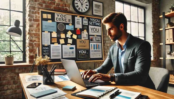 Entrepreneur working on a laptop with a vision board displaying goals and motivational quotes.