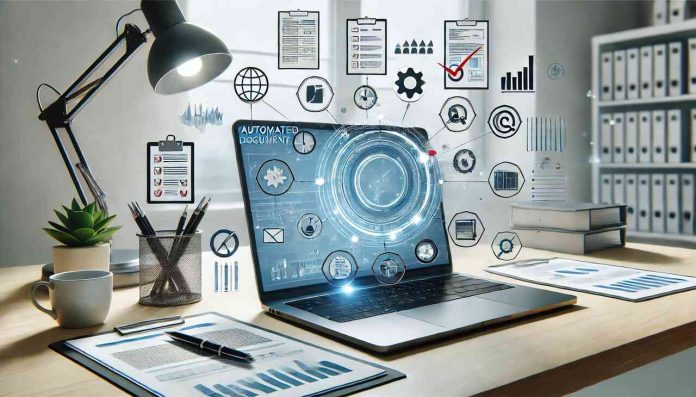 A laptop showing an automated document workflow with digital files and charts.