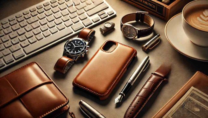 Premium leather iPhone case on luxury desk setup