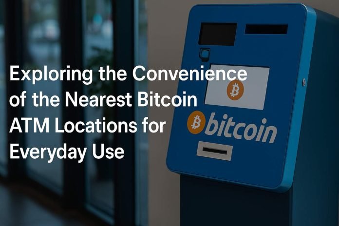 Exploring the Convenience of the Nearest Bitcoin ATM Locations for Everyday Use Blue Bitcoin ATM near a glass entrance in a modern building.