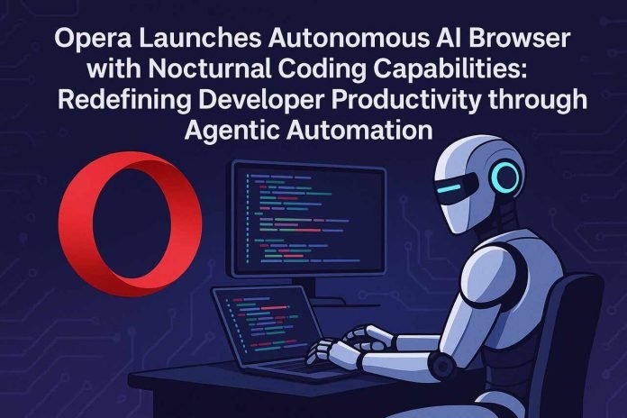 Opera Launches Autonomous AI Browser with Nocturnal Coding Capabilities Redefining Developer Productivity through Agentic Automation Robot coding on laptop and monitor beside Opera logo at night.