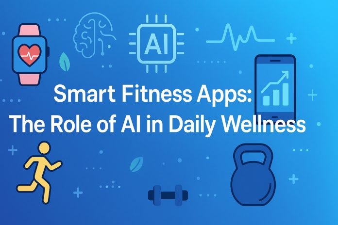 AI-powered fitness app icons with health and workout symbols on a blue background.