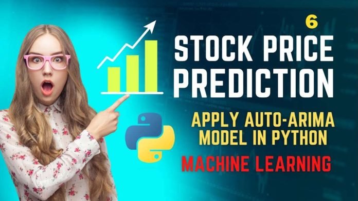 Woman pointing at stock chart and Python logo for machine learning prediction tutorial.