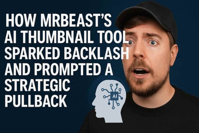 How MrBeast’s AI Thumbnail Tool Sparked Backlash and Prompted a Strategic Pullback MrBeast reacts shocked, central bold headline on dark background with AI icon.