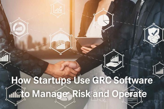 Professionals handshake with GRC software icons overlay.