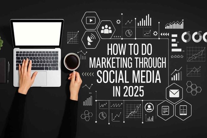 How to Do Marketing Through Social Media in 2025 Social media marketing concept with laptop, coffee, and digital analytics icons.
