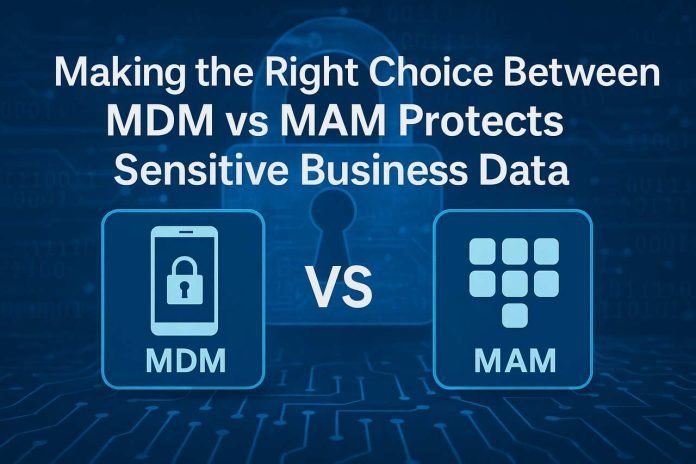 MDM vs MAM comparison with mobile and app icons on a tech-themed background.