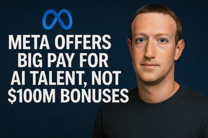 Meta Offers Big Pay for AI Talent, Not $100M Bonuses Mark Zuckerberg beside centered headline about Meta AI pay, with Meta logo above.
