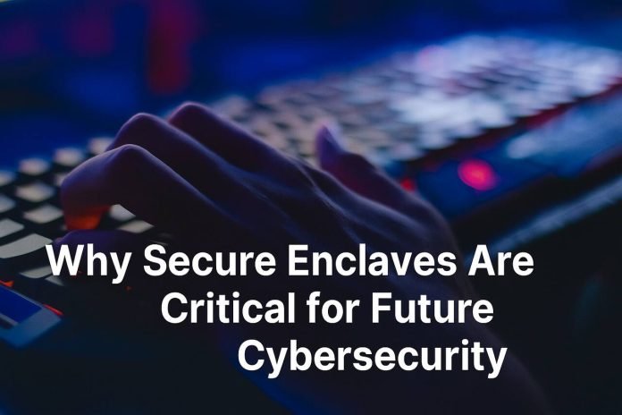 Hand typing on a glowing keyboard in dark cyber environment.