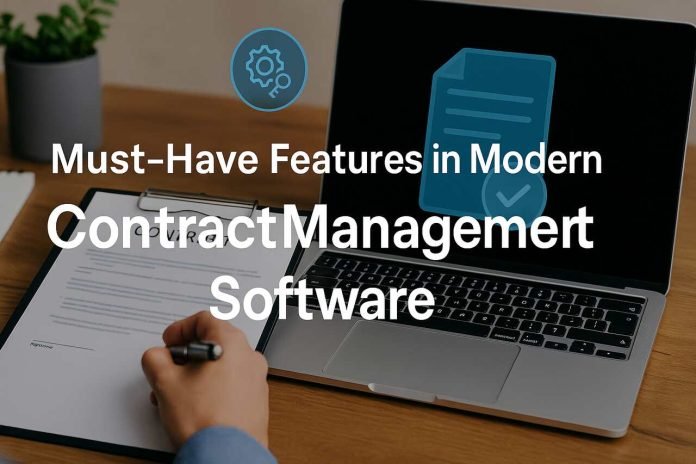 Must-Have Features in Modern Contract Management Software Modern workspace with laptop and contract signing.