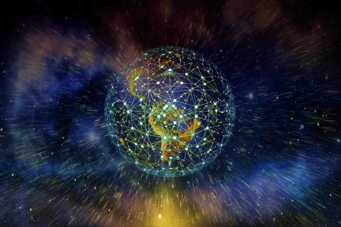 Digital globe with network lines symbolizing virtual business infrastructure.