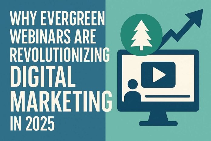Evergreen webinars boosting digital marketing in 2025 on a computer screen illustration.