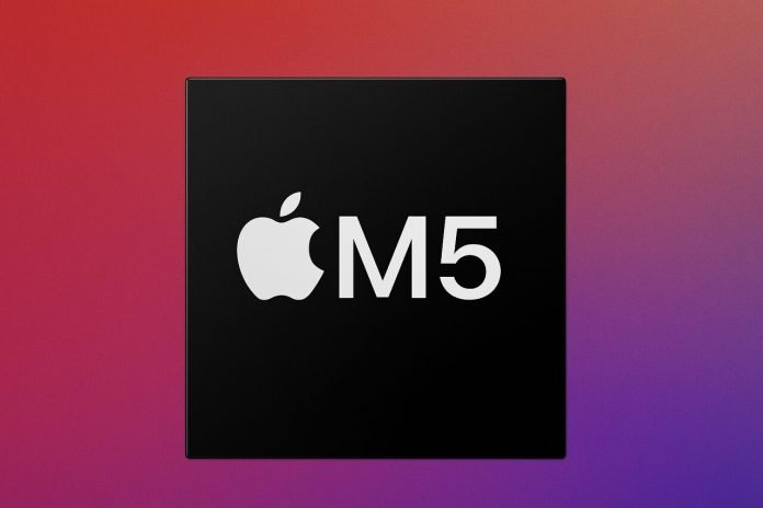 Apple M5 chip on a red-purple gradient background.