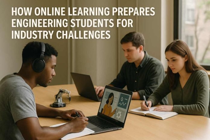 How Online Learning Prepares Engineering Students for Industry Challenges Engineering students using laptops for online learning in a bright, modern workspace.