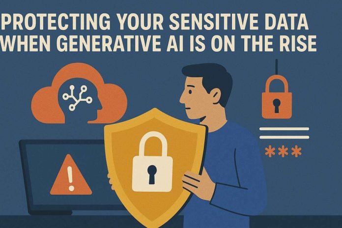 Protecting Your Sensitive Data When Generative AI Is On The Rise Banner showing man guarding data from AI threats with a padlock shield.