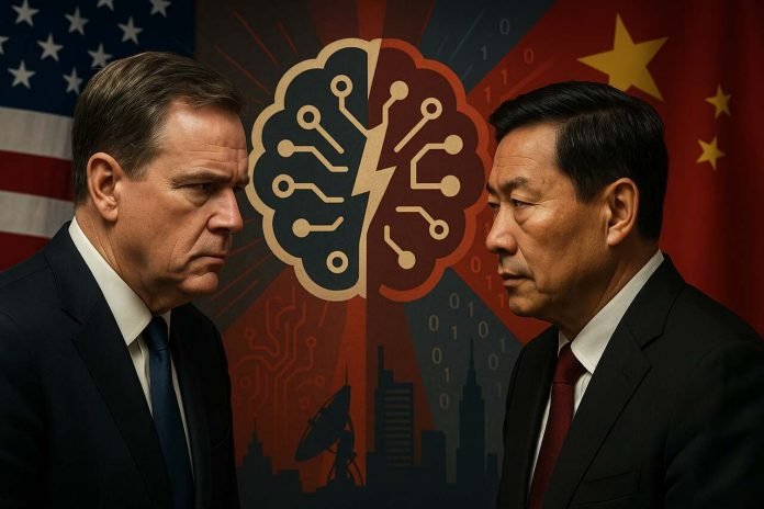 AI Cold War Strategic Competition Between Tech Superpowers Over Algorithmic Dominance US and China representatives in tense AI face-off with digital brain symbol between them.