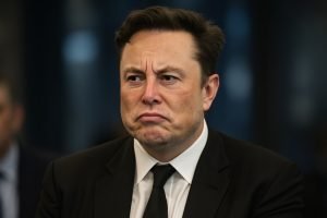 Elon Musk looking serious at a public event.