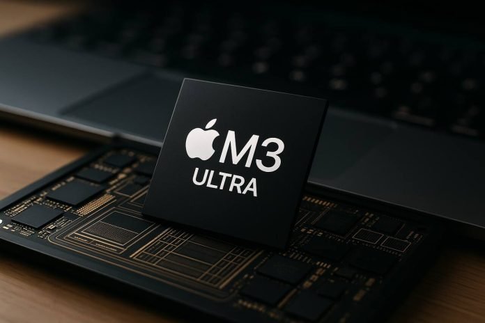 Apple M3 Ultra chip on a motherboard with MacBook in background.