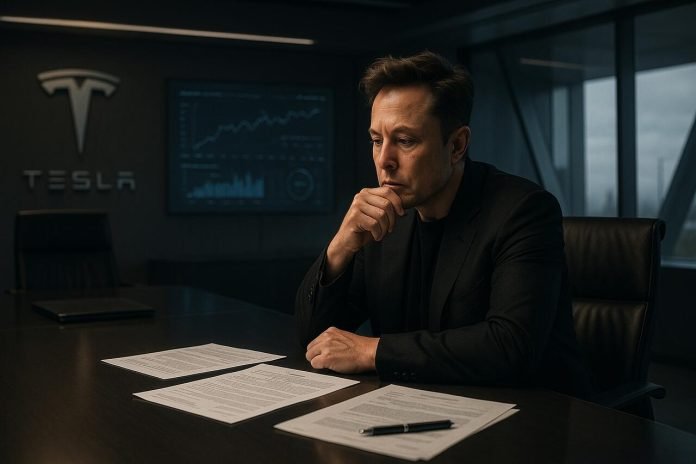 Elon Musk Resumes Tesla Pay Quest as Loopholes Threaten Shareholder Value Elon Musk in Tesla boardroom reviewing pay strategy with legal documents.
