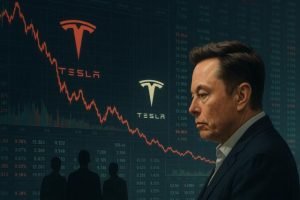 Tesla stock market impact illustration with financial data and shareholders.