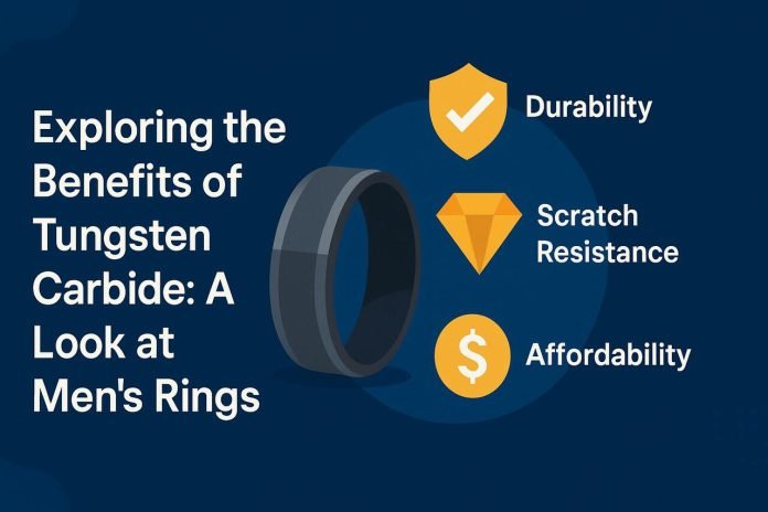 Tungsten carbide men's ring with icons showing its key benefits.