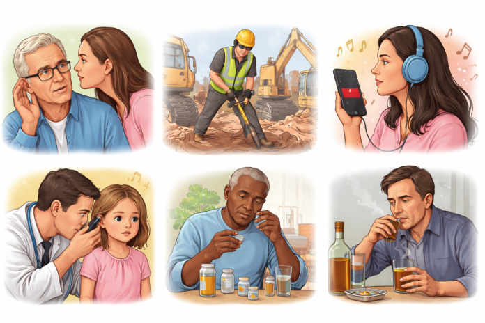 People exposed to different hearing loss risk factors like noise, headphones, and medication.