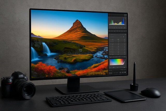 Photo editing setup with color-accurate display and DSLR camera