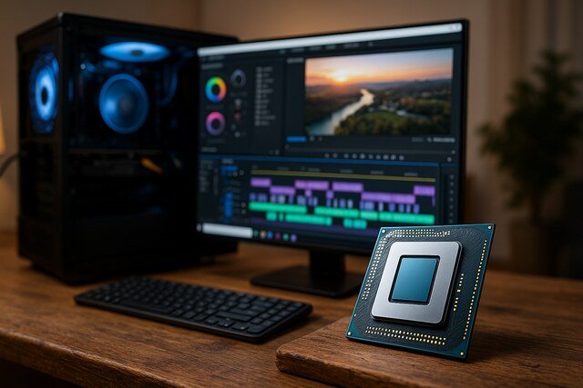 CPU on desk in front of video editing workstation setup.