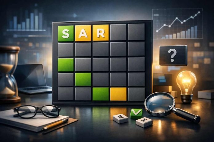 Abstract digital Wordle puzzle interface representing daily solving strategy.