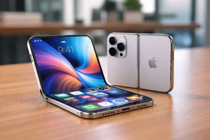 Apple Unveils Foldable iPhone Prototype: Flexible OLED, Hinge Mechanism Foldable iPhone prototype with flexible OLED screen and hinge design.