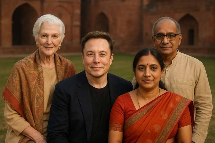 Elon Musk with Indian and Western family members in front of red sandstone heritage building
