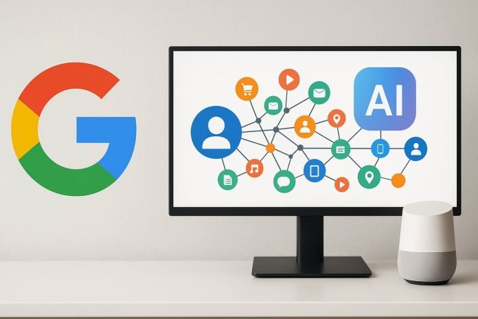 User-linked Google AI knowledge graph visualized on monitor with Google Home.