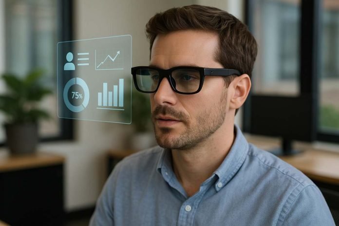 Man using ChatGPT Glasses with holographic data in office