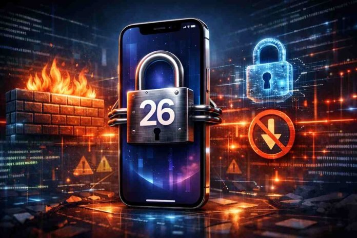 Locked iPhone with digital security overlay, symbolizing iOS 26 firmware downgrade restrictions.