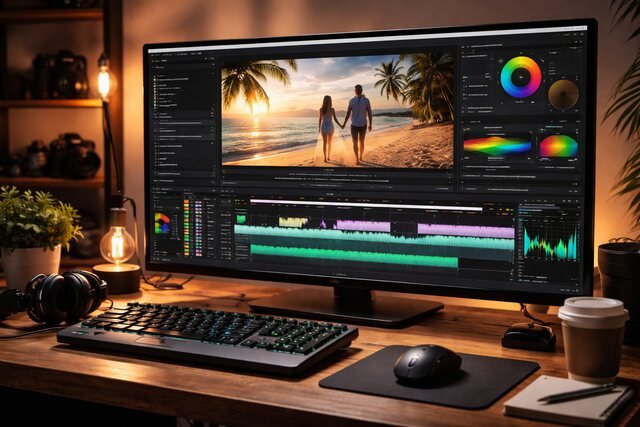 Video editing software interface on a monitor in a creative workspace.