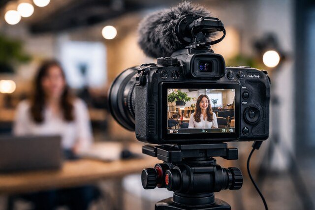 DSLR camera recording video on tripod in studio