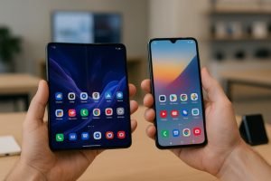 Foldable and slab phones compared side-by-side in hand.