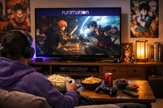 Person enjoying anime on Funimation during a free trial in a cozy room.