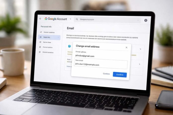 Google Account Identity Update: Email Address Change Now Possible with Restrictions User changing email address in Google Account settings on a laptop