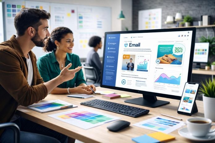 Beyond Pretty HTML: How an Email Template Design Agency Builds AI-Ready, Data-Driven Layouts That Actually Convert Designers creating AI-optimized email templates with performance analytics.